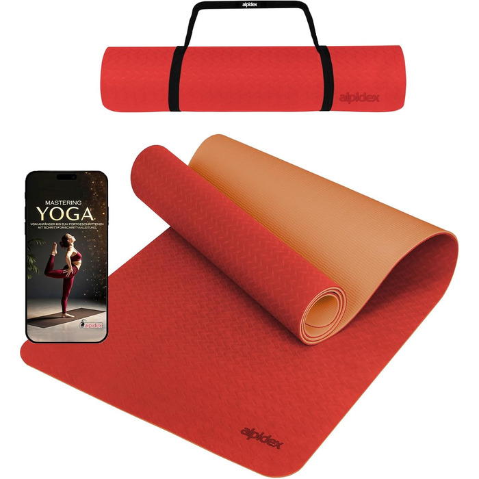 Йога мат ALPIDEX, 190 x 61 x 0.6 см, неслизька, TPE, для фітнесу, йоги, пілатесу, рожевий/персиковий