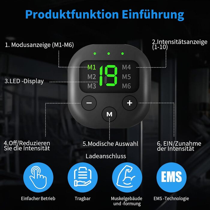 EMS тренажер для м'язів живота GuKKK, 6 режимів та 19 інтенсивностей, електрична стимуляція м'язів, USB-зарядка, для ABS/м'язів живота/рук/ніг/сідниць