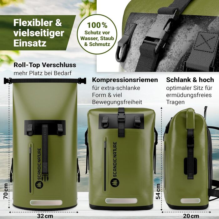 Водонепроникний рюкзак Scandic Nature Pioneer з ролтоп закриттям 35L/55L, чорний, жовтий, оливково-зелений - надміцний завдяки дну з 1000D PVC тканини, водонепроникний чохол для телефону IPX8, 35 літрів