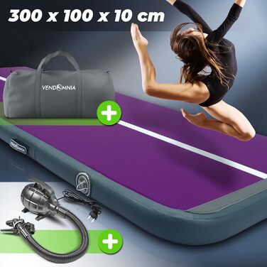 Гімнастичний надувний мат VENDOMNIA Airtrack 300×100×10 см, лілово-сірий, електрична помпа, сумка, для фітнесу, йоги, спорту, тумблінгу