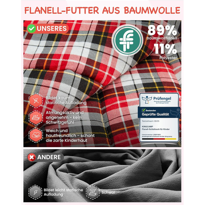 Сплячий мішок KingCamp для дітей з фланелі, легкий, водонепроникний, компактний, зимовий, 4 сезони, для кемпінгу, підходить для дітей до 140 см, комфортна температура: 7°C (червоний)