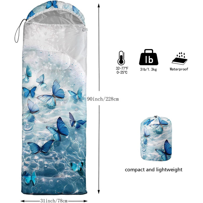 Спальний мішок HOSIMA з принтом у вигляді футболу, для холодного клімату, дорослий, дитячий, водонепроникний, для кемпінгу, туризму, подорожей, полювання, компресійний мішок (Метелик-2)