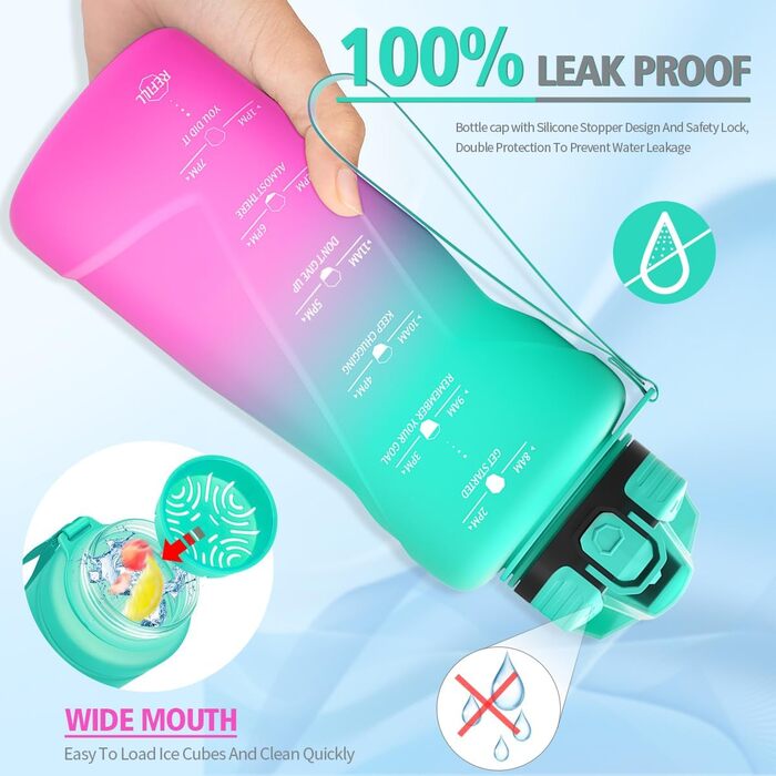 Дитяча спортивна пляшка для води Niggeey 2 л, мотиваційна, з часом, BPA-free, тритан, герметична, для школи, спорту, фітнесу, зелено-фіолетова
