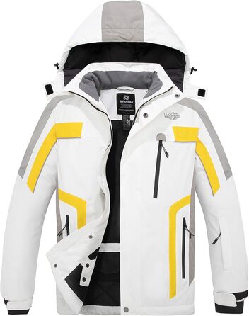 Водонепроникна лижна куртка Wantdo для чоловіків, спортивний мантель для активного відпочинку, тепла зимова куртка для гірських прогулянок, білий+червоний (M, білий+жовтий)