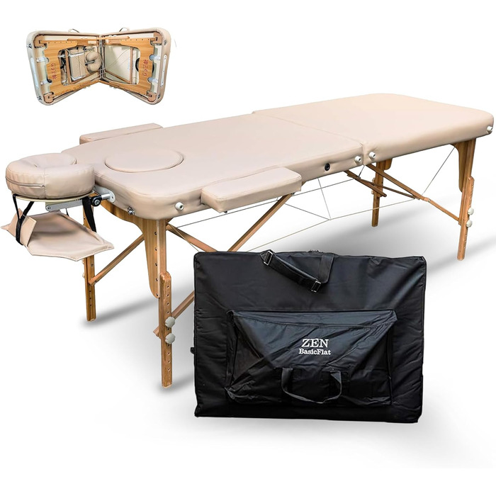 Масажний стіл Zen Basic III: складаний, мобільний, з дерева, регульована висота, для тату та косметології, з підголовником та підлокітниками (кремовий)