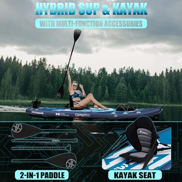 SUP дошка Upwell 350x89 см з сидінням, надувний борд для дорослих та підлітків, комплект з аксесуарами (рюкзак, весло, ліш, помпа, плавники) Chipmech Blue