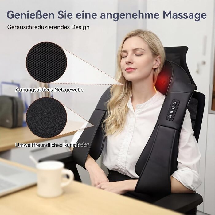Масажер для шиї та плечей Shiatsu з підігрівом, 3D масажні головки, 3 режими - PU шкіра. Для дому, офісу, авто. Подарунок для чоловіків та жінок
