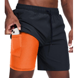 Шорти спортивні чоловічі для бігу 2 в 1, швидкі, короткі, для тренувань та марафону, з кишенею на блискавці (S, чорний та оранжевий)