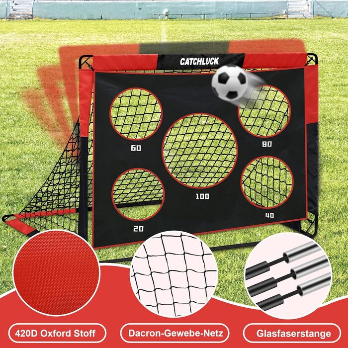 Дитячі футбольні ворота CATCHLUCK 2-в-1 для саду, 150x120x120 см, з 5 отворами для ударів, сумкою та кілочками, червоні