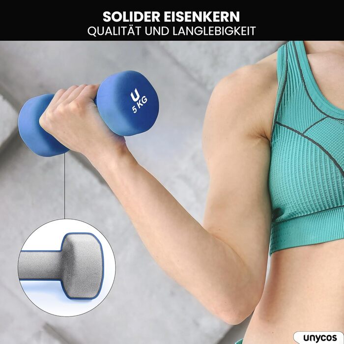 Гантелі неопренові Unycos 2 шт. 1-10 кг, короткі, антиковзаючі, для фітнесу, силових тренувань, пілатесу, дому (#07 Синій, 2 x 5 кг, круглі)