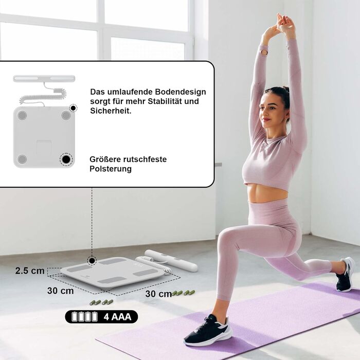Цифрова вага для тіла з Bluetooth, аналіз складу тіла (8 електродів), APP, сенсори, розумна вага, 18 показників, BMI, м'язова маса, 300 кг, білий, 2023