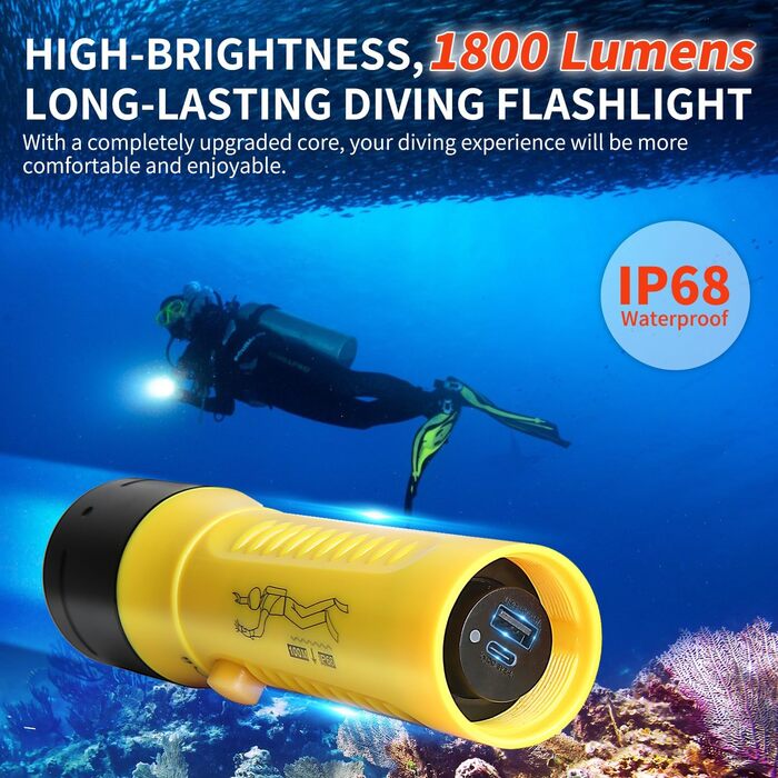 Ліхтар підводний Tauchlampe 1800 Lumens IPX8 (100м) - Професійний, перезаряджуваний, 5500K, для дайвінгу та підводного полювання