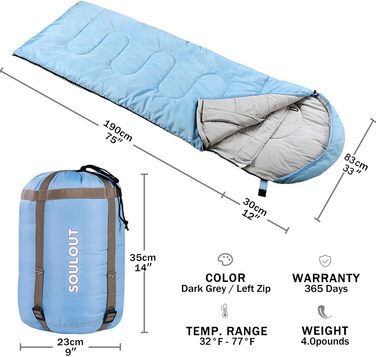 Сплячий мішок SOULOUT 3-4 сезони - Водонепроникний, легкий, 220x83 см. Підходить для дорослих та дітей, кемпінгу, подорожей та активного відпочинку. Колір: небесно-блакитний, блискавка зліва