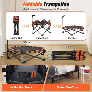 Міні-трамплін складний, вантажопідйомність 150 кг, портативний тренажер-відскочистий трамплін з регульованою ручкою з піни 41/42/45 дюймів, для дорослих та дітей, чорний/оранжевий