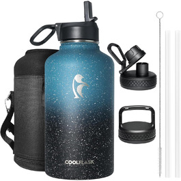 Термос-пляшка Coolflask 2 л з соломинкою та 3 кришками, велика ізольована сталева пляшка для води, спорт і подорожі, Starry Indigo Black