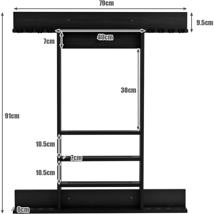 Стійка для київ GYMAX для 8 київ та аксесуарів для більярду, настінна, з дерева, для більярдних кімнат та клубів, 79 x 8 x 91 см (чорний)