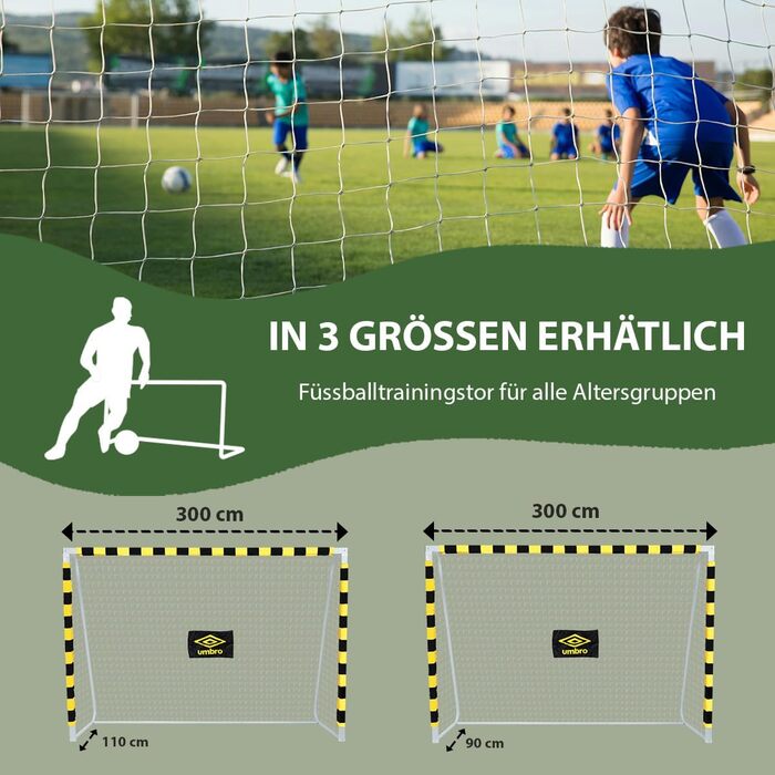 Ворота для футболу Umbro - великі, металеві, чорно-жовті, 300x200x90 см - для дітей та дорослих, для тренувань в приміщенні та на вулиці