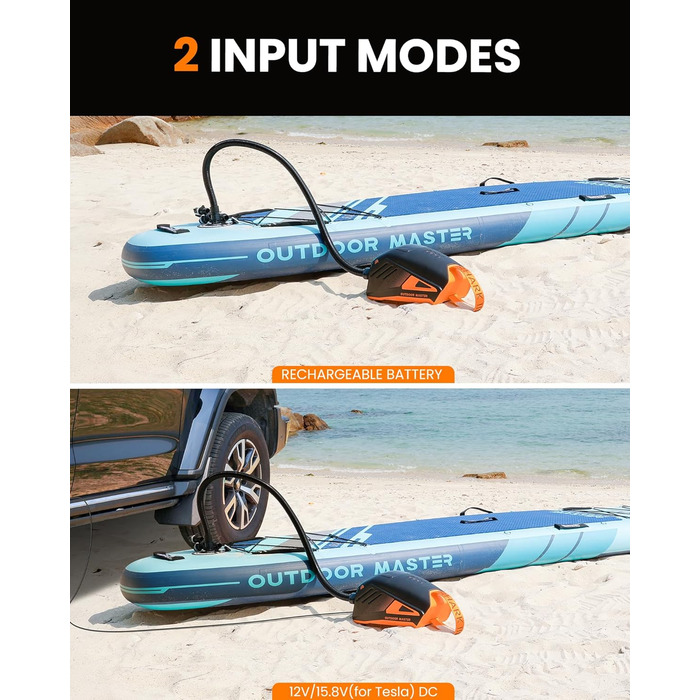 OutdoorMaster Shark 3: Електричний насос для SUP з акумулятором - Швидке надування, 20PSI, 74Wh. Підходить для SUP, човнів та надувних виробів. 8 насадок, 12V/15.8V DC та Type-C живлення.