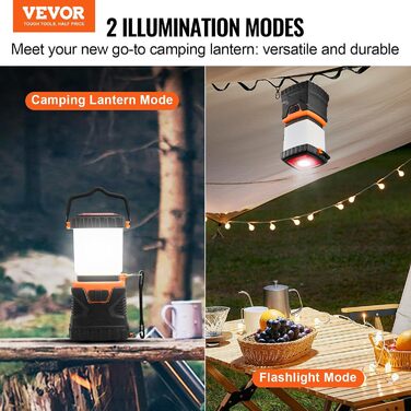 LED кемпінговий ліхтар VEVOR 1000 лм, 360° освітлення, 4 режими, USB-зарядка, для кемпінгу, риболовлі, відключень електроенергії, авторемонту