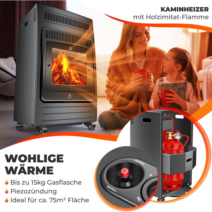 Газовий обігрівач KESSER®: газовий камін-піч, інфрачервоний нагрівач 3,4 кВт, 2 режими, з газовим редуктором та шлангом, для бутану/пропану до 11 кг, антрацит