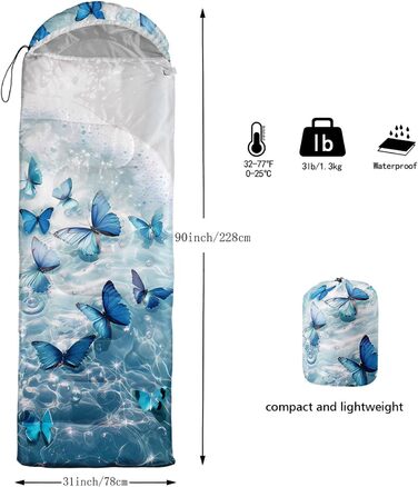 Спальний мішок HOSIMA з принтом у вигляді футболу, для холодного клімату, дорослий, дитячий, водонепроникний, для кемпінгу, туризму, подорожей, полювання, компресійний мішок (Метелик-2)