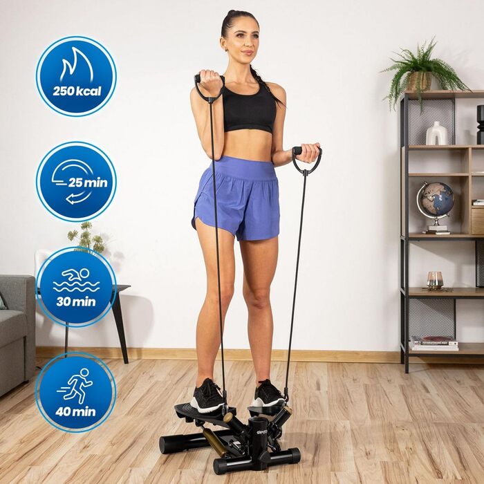 Gymtek XST500 Степпер - Міні тренажер для фітнесу та пілатесу з LCD-дисплеєм, лічильником кроків та підсвічуванням, чорний та золотий