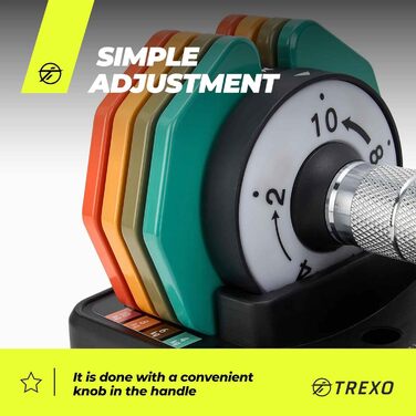 Регульований набір гантелей TREXO 2x5 кг зі сталі з неслизькими ручками. Ідеально для силових тренувань вдома та в спортзалі. Стабільна підставка (багато кольорів, 2x10 кг)