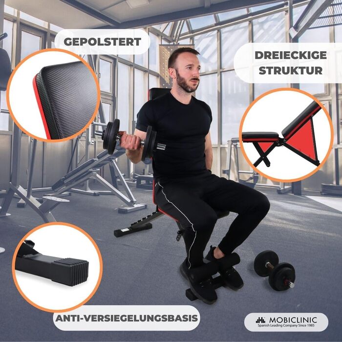 Складана лавка для фітнесу Mobiclinic Flexfit, регульована спинка і сидіння, до 200 кг, для домашнього тренування, європейський бренд, багатофункціональна