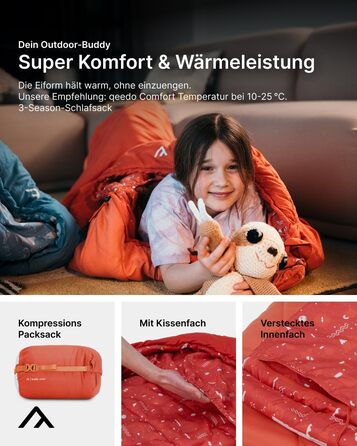 Дитячий спальник Qeedo Buddy Junior для кемпінгу (10-25°C), 3 сезони, кораловий (до 140 см / 10 років)