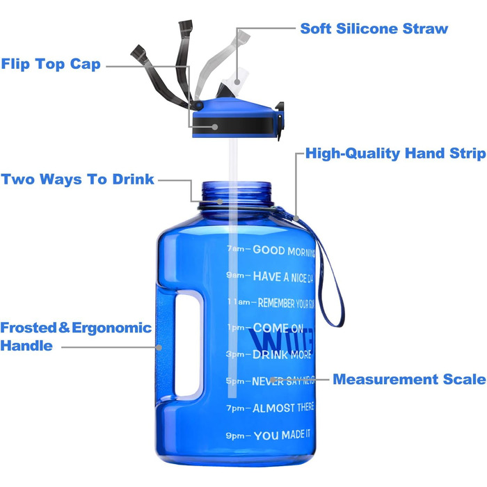 Спортивна пляшка для води 3,78 л з позначками часу та трубочкою, BPA Free, витокозахисна, 3800 мл, блакитна