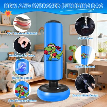 Дитячий боксерський мішок Ninonly 130 см з рукавичками для боксу, карате та тхеквондо для хлопчиків та дівчаток, динозавр