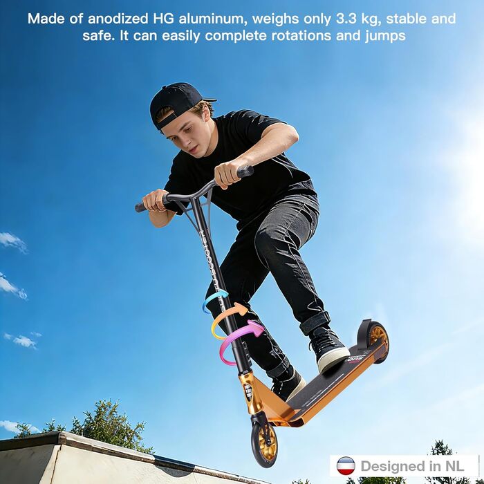 SUOTU Професійний стент-скутер, 360° кермування, роликовий скейт з колесами 110 мм 85A PU, для дітей, підлітків та дорослих, вантажопідйомність 100 кг, алюміній, чорний – золотий