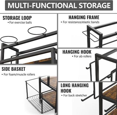 Стійка для зберігання обладнання для дому EasyCom: гантелі, гирі, ролик для пресу, килимок, стрічка, еластичні стрічки. З гачками та колесами, чорний колір