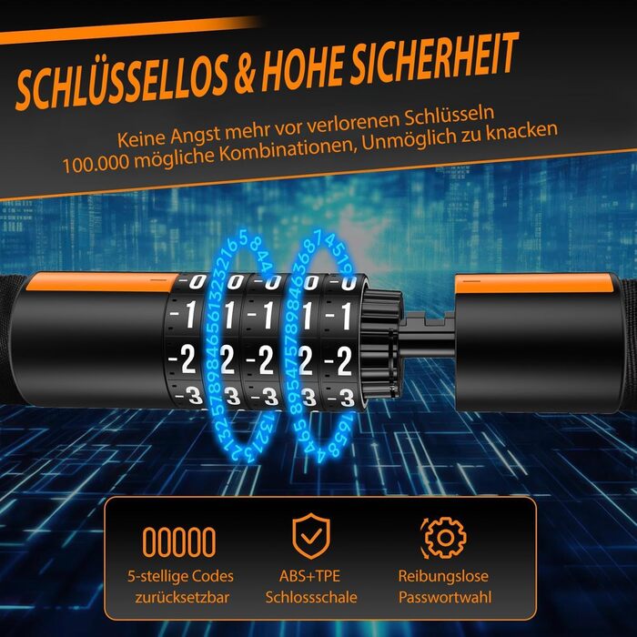Надійне велозамок HiiPeak з 5-значним кодом, 94 см, 7 мм, для велосипеда, мотоцикла, грилю, чорний