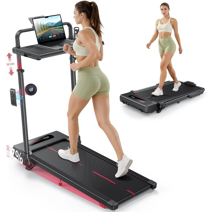 Складана бігова доріжка для дому з нахилом 7%, Walking Pad до 12 км/год, з регульованим поручнем та знімним робочим столом, двигун 3.0 к.с., керування через додаток та пульт, червоно-чорна