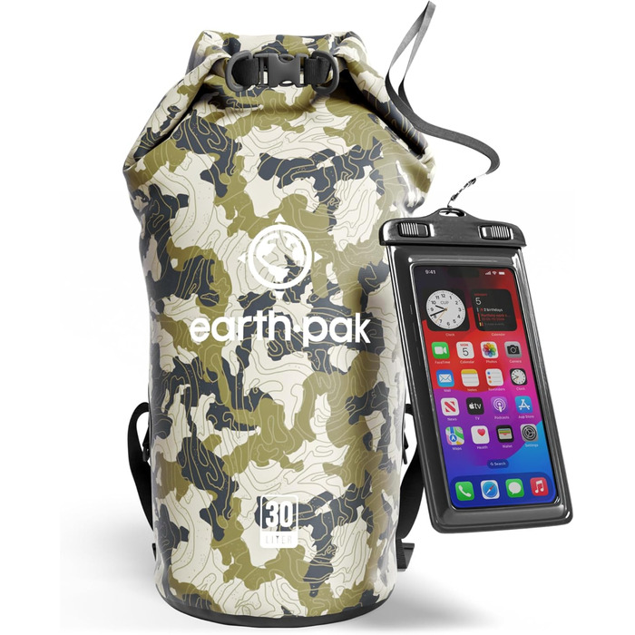 Earth Pak Packsack водонепроникний 30L з плечовим ременем та водонепроникним чохлом для телефону - ідеальний рюкзак-ролтоп для каякінгу, хайкінгу, кемпінгу, риболовлі, катання на човні та рафтингу (Колір: Waldgrün/Камуфляж)