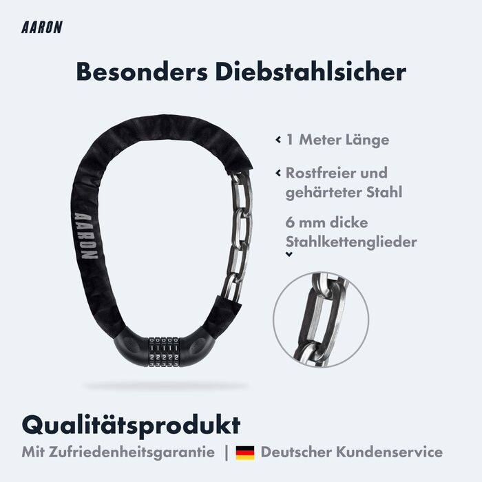 Замок для велосипеда AARON Lock One: стале ланцюгове замкнення з 5-значним кодом, висока безпека, для електровелосипеда, гірського, трекінгового, туристичного та шосе́йного велосипеда, чорний
