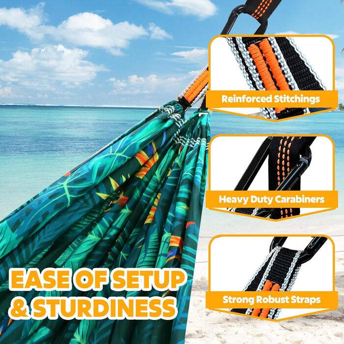Гамак для кемпінгу NATUREFUN Ultraleicht | 300 кг, 275 x 140 см | Дихаючий, швидковисихаючий, нейлон | 2 карабіни, 2 петлі | Для відпочинку вдома, на природі, в саду