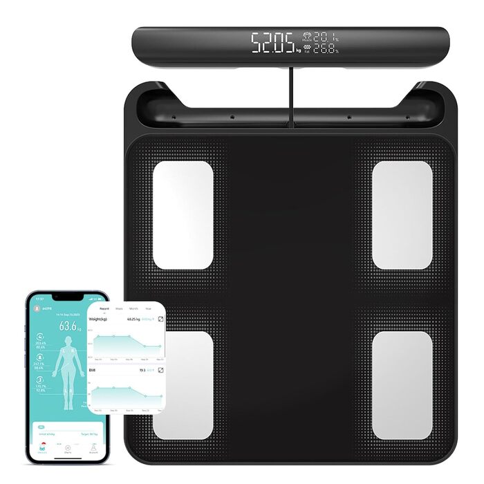 Ваги Fitdays Smart для аналізу складу тіла з 8 електродами, Bluetooth, чорні (FG2202WB) - BMI, м'язи, жир, вода