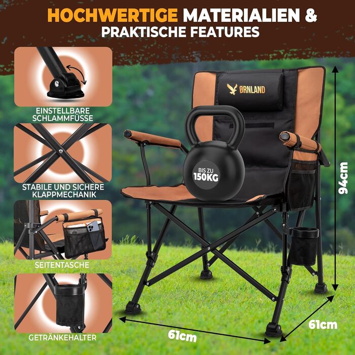 Складний туристичний стілець Ørnland для кемпінгу, риболовлі та пляжу - чорний/коричневий, до 150 кг, з кишенькою та підстаканником