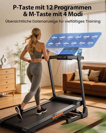 Складана бігова доріжка для дому та офісу з автоматичним нахилом 15%, двигун 3.0 к.с. (до 14 км/год), LED-дисплеєм та 12 програмами, макс. навантаження 136 кг, чорна