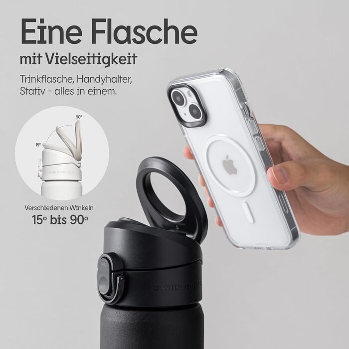 Пляшка для води RhinoShield AquaStand 800 мл, магнітна, Tritan, зі зручною ручкою MagSafe, трубочкою, спортивна, з підставкою, регульований кут, не протікає, чорна