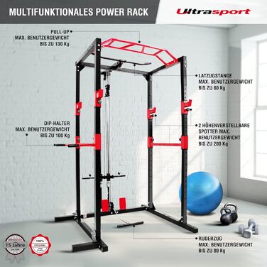 Універсальна силова стійка Ultrasport з набором рукояток – базовий павер рек для домашнього спортзалу, з весловою рукояткою та трицепсовим канатом, для ефективного тренування всього тіла