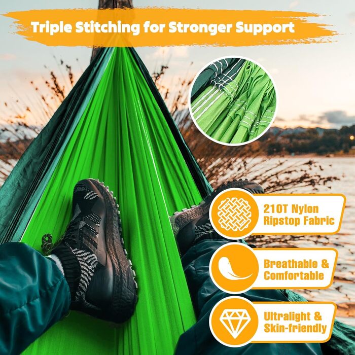 Намет-гамак NATUREFUN для кемпінгу та подорожей | 300 кг, 300x200 см | Атмосвітка, швидковисихаючий нейлон, 2 карабіни, 2 шнури | Зелений, темно-зелений