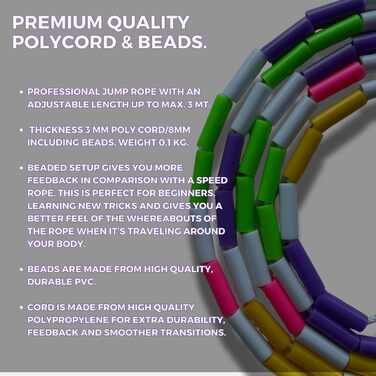 Стрибкове канат Elevate Rope Professional з перлами, 3м, регульований, поліестер - для фрістайлу, кардіо та трюків, для всіх рівнів, для використання в приміщенні та на вулиці