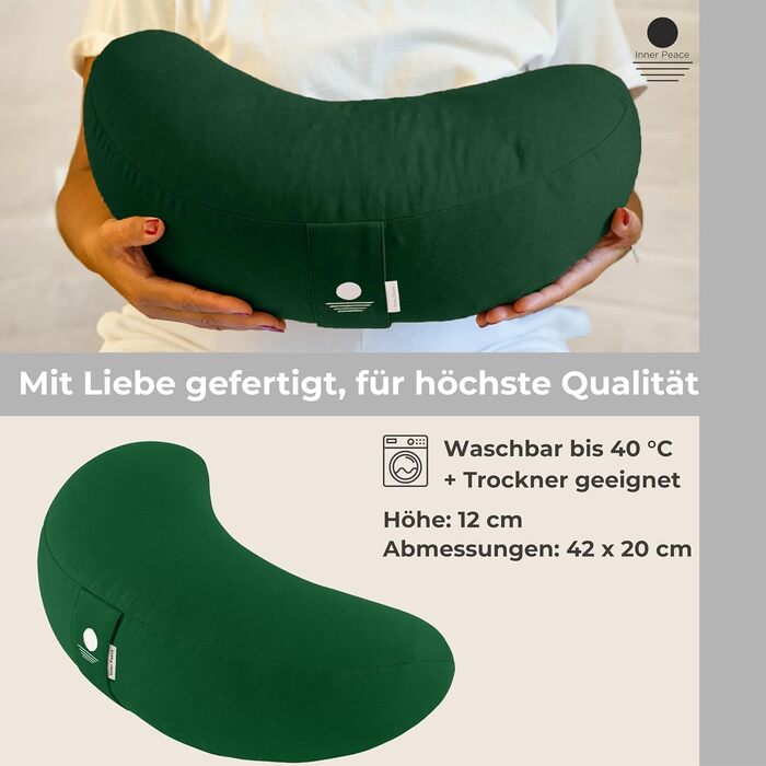 Подушка для йоги та медитації Inner Peace Halbmond 42x20 см, бавовна Біо, зелений (Waldgrün), наповнювач лузга гречки, знімний чохол
