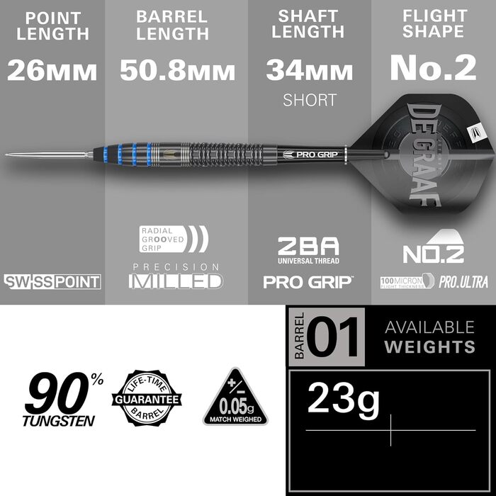 Дротики для дартсу Target Jeffrey de Graaf Generation 1, 23 г, 90% вольфрам, стальні накінечники, Swiss Point, чорні, ігрова серія