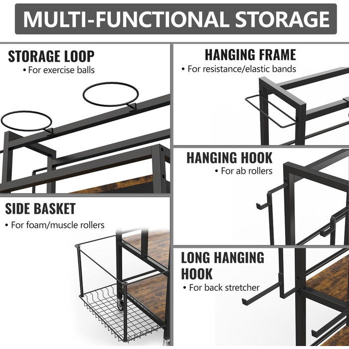 Стійка для зберігання обладнання для дому EasyCom: гантелі, гирі, ролик для пресу, килимок, стрічка, еластичні стрічки. З гачками та колесами, чорний колір
