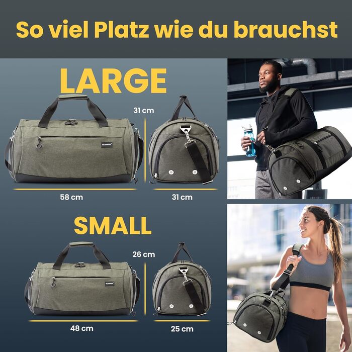 Спортивна сумка Heldenwerk® для жінок та чоловіків, 30л, 48 x 26 x 25 см. З відділенням для взуття та мокрих речей. Ідеальна для подорожей, тренувань, фітнесу.