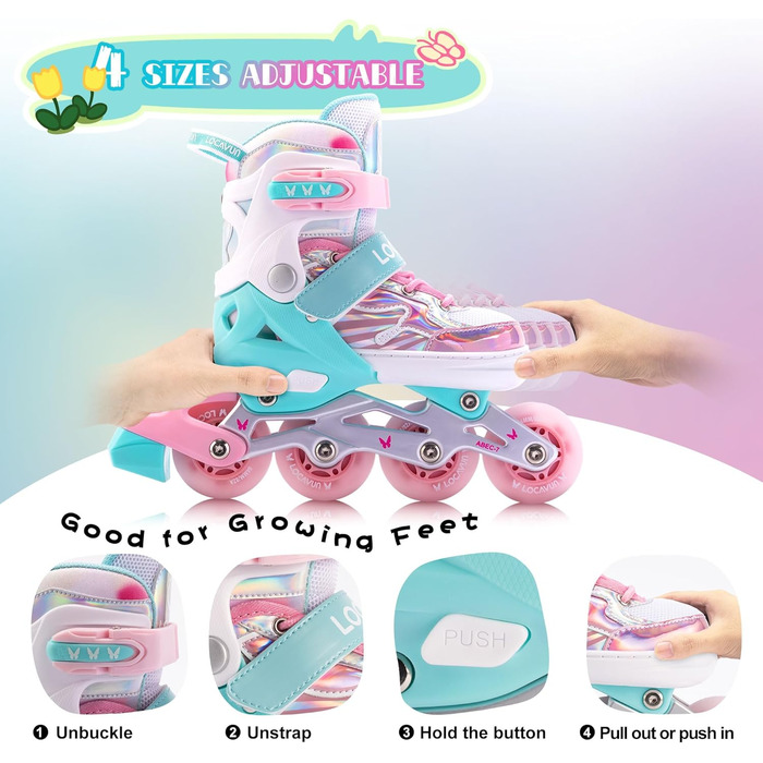 Дитячі ролики Inliner Kinder з регулюванням розміру 26-29, 29-34, 30-35. Ролики для дівчаток з колесами 82A PU, дизайн 